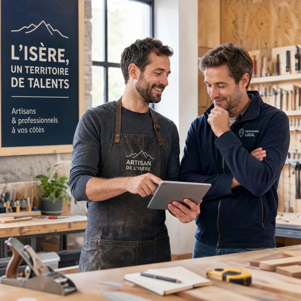 artisan de l’Isère échangeant avec un autre professionnel local autour d’une tablette dans un atelier