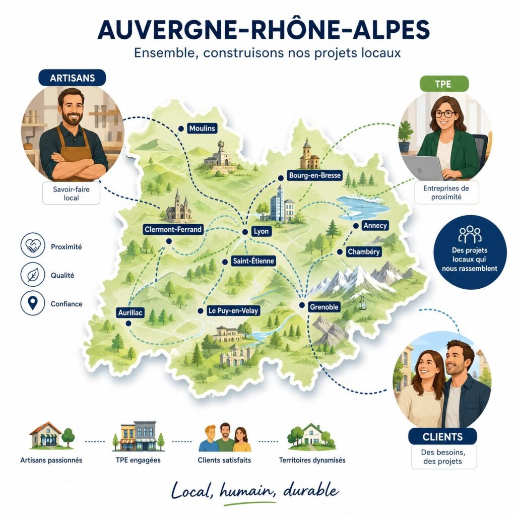carte stylisée de la région Auvergne-Rhône-Alpes reliant artisans, TPE et clients autour de projets locaux