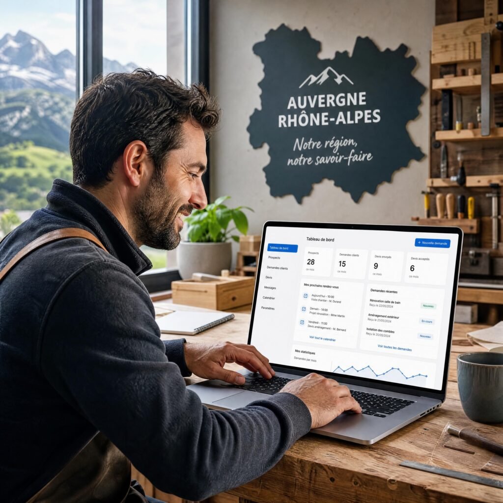 Artisan de la région Auvergne-Rhône-Alpes utilisant un ordinateur portable pour gérer ses prospects et ses demandes clients