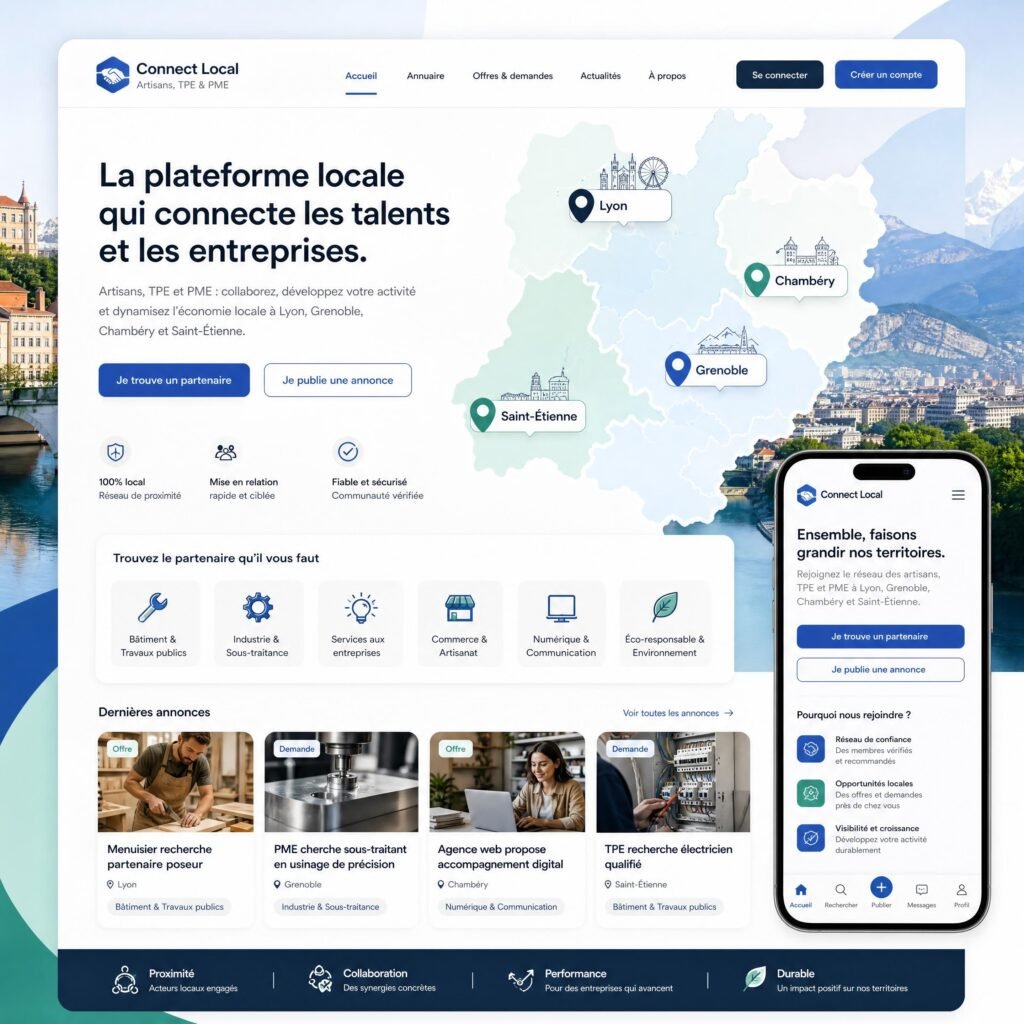 Interface conceptuelle d’une plateforme locale mettant en relation artisans, TPE et PME de Lyon, Grenoble, Chambéry et Saint-Étienne