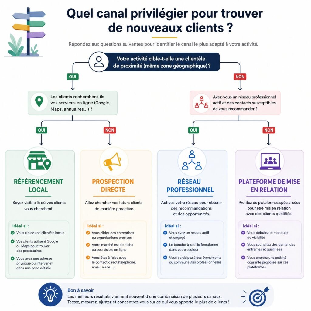 Tableau de décision pour choisir entre référencement local, réseau professionnel, prospection directe et plateforme de mise en relation