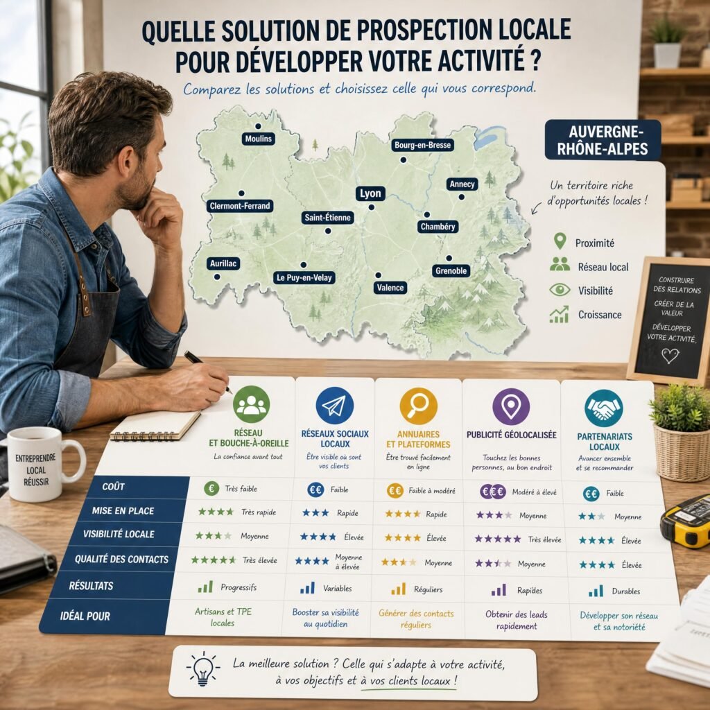 Artisan ou dirigeant de TPE comparant différentes solutions de prospection locale sur une carte de la région Auvergne-Rhône-Alpes
