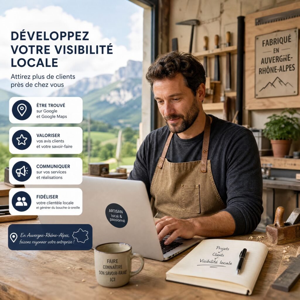 Artisan ou dirigeant de TPE travaillant sur sa visibilité locale depuis un atelier en Auvergne-Rhône-Alpes