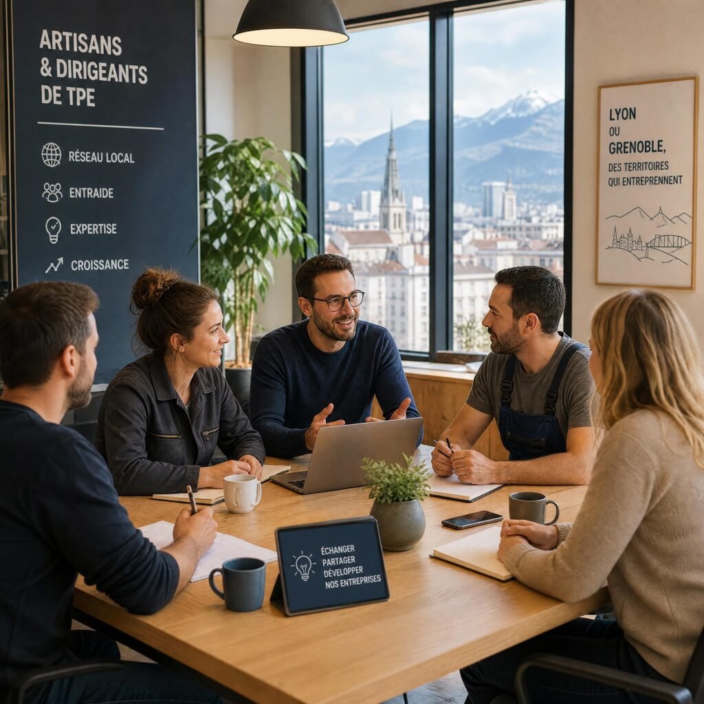 Réunion entre artisans et dirigeants de TPE autour d’une table dans un espace professionnel de Lyon ou Grenoble
