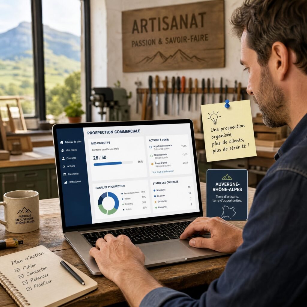 Artisan de l’Auvergne-Rhône-Alpes organisant sa prospection commerciale sur un ordinateur dans son atelier