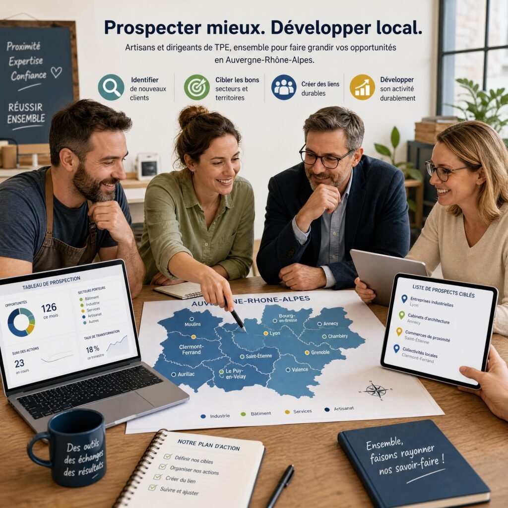 Artisans et dirigeants de TPE réunis autour d’une carte de la région Auvergne-Rhône-Alpes et d’outils numériques de prospection