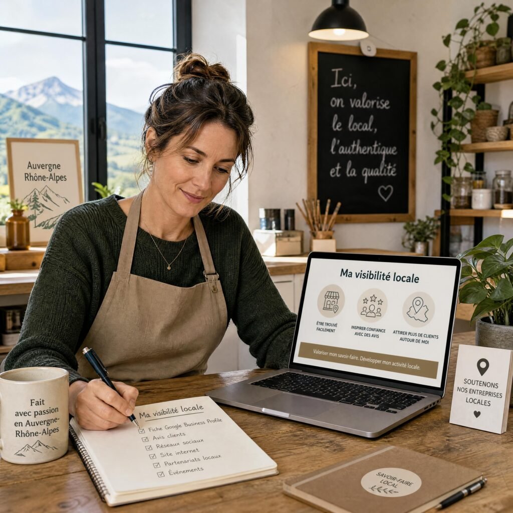 Artisan ou dirigeante de TPE travaillant sur sa visibilité locale depuis un atelier en Auvergne-Rhône-Alpes